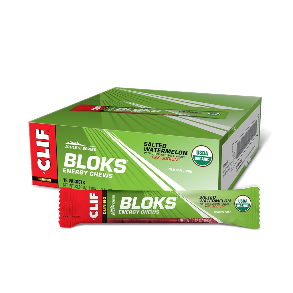 CLIF BLOKS - Saveur de pastèque salée au sodium 2X - Bouchées d'énergie - Non-OGM - Basé sur l'usine - Carburant rapide pour le vélo et la course - Carbohydrates et électrolytes rapides - 2,12 oz. (18 Compte)