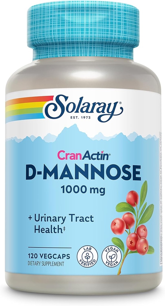 SOLARAY D-Mannose 1000mg avec extrait de canneberge de CranActin - D Mannose et supplément de canneberge avec vitamine C - soutient la santé urinaire - Vegan, garantie de 60 jours