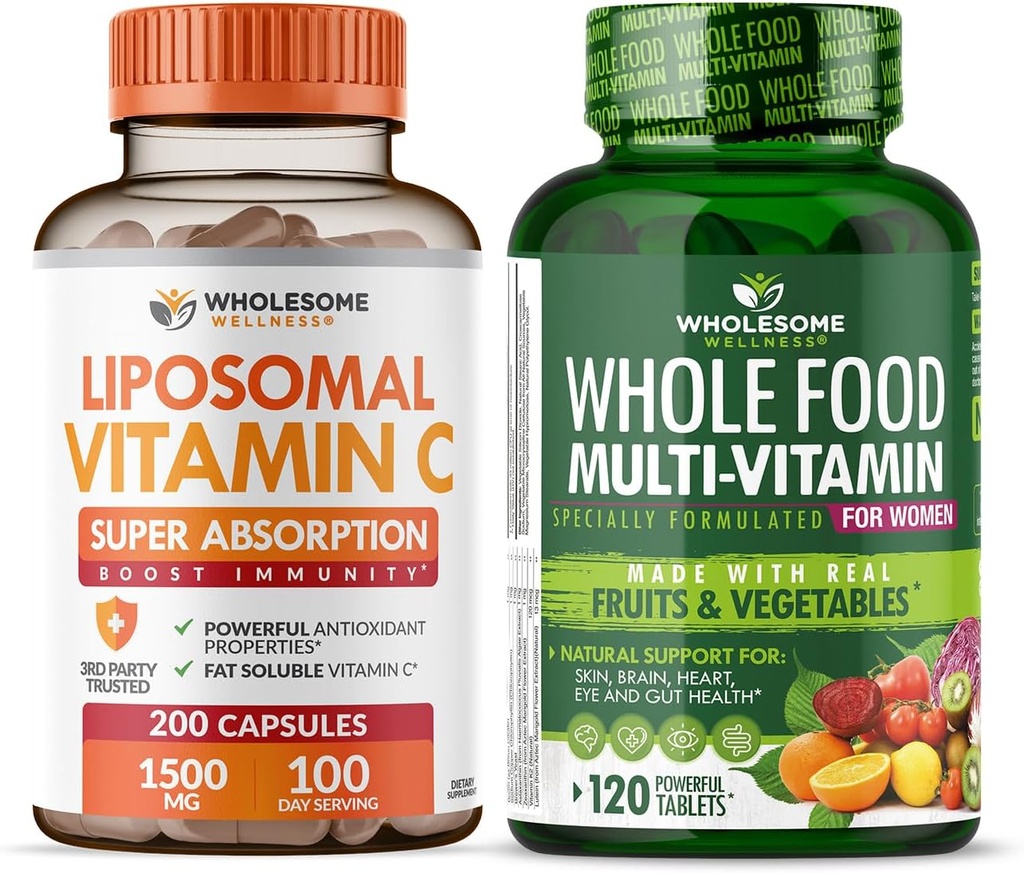 Bien-être sain Capsules de vitamine C liposomique (200 pilules 1500mg buffered) Haute absorption VIT C + Multivitamine alimentaire pour les femmes - Multivitamines naturelles, minéraux, extraits organiques