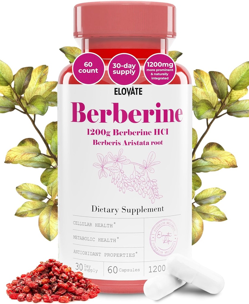 Elovate Berberine HCI Capsules, 1200mg - All-Natural, 3rd-Party-Tested, non-OGM et sans gluten Berberine supplément pour le coeur et la digestion, 60 comtes