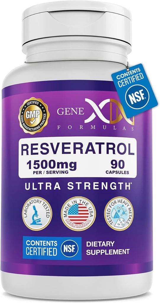 Formules Genex Resveratrol 1500 mg Supplément pour le vieillissement en santé – NSF certifié pour l'innocuité, la qualité et l'exactitude de l'étiquette – Formule antioxydante et le vieillissement en santé - Compte sans gluten 90