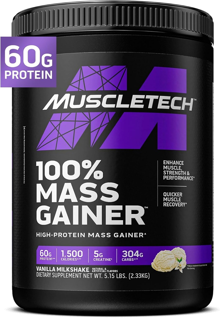 MuscleTech High Protein Mass Gainer pour les hommes et les femmes - La poudre de protéines agit pour le gain de poids, la construction musculaire et la récupération avec la créatine monohydraté - Vanilla Milkshake, 5.15 Pound