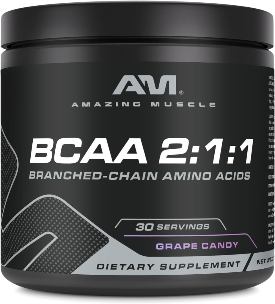 Amazing Muscle BCAA 2:1:1=30 portions d'aromatisation naturelle de 315 grammes en poudre de chaîne ramifiée Amino Acids Supplement de fabrication américaine (30 portions, candy de raisin)