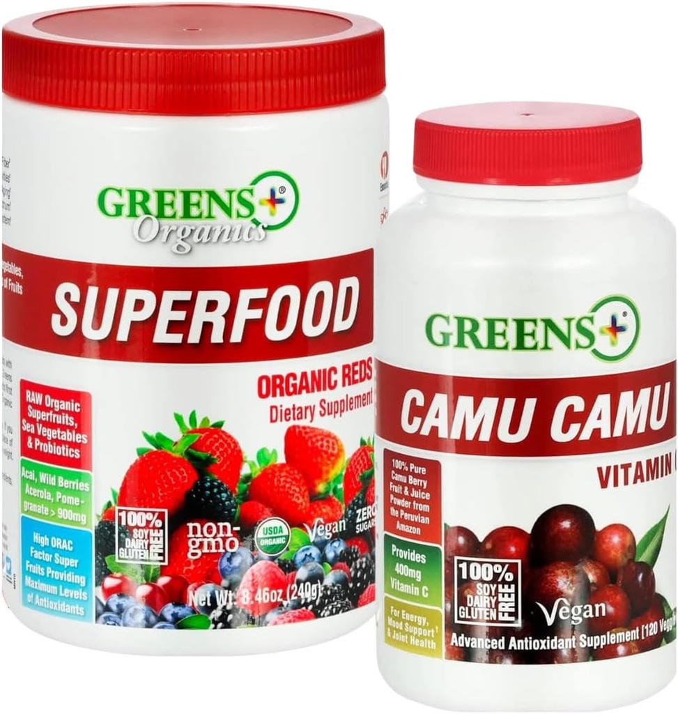 Greens+ Bio Reds Superfood Poudre Camu Camu Dietary 400mg Vitamine C SuperFruit Supplément 120 Capsules, 100% Naturel, Vitamines et Minéraux, Vegan, Soy/Dairy/Gluten Sans