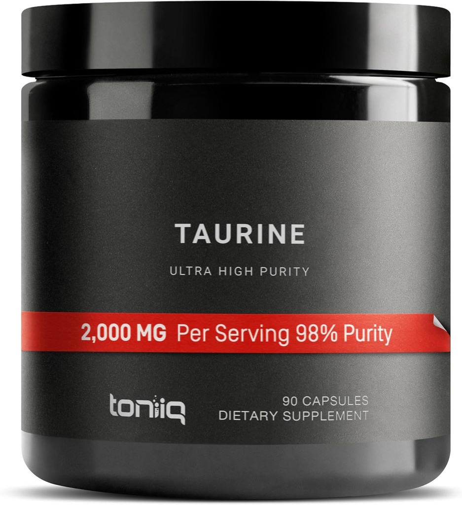 Toniiq 2000mg Supplément Taurine - Capsules de poudre Taurine à haute pureté, 98%+ Pure, lab tiers testé - Potent, non-OGM, sans gluten, efficace Formule 45 Servants optimaux par bouteille