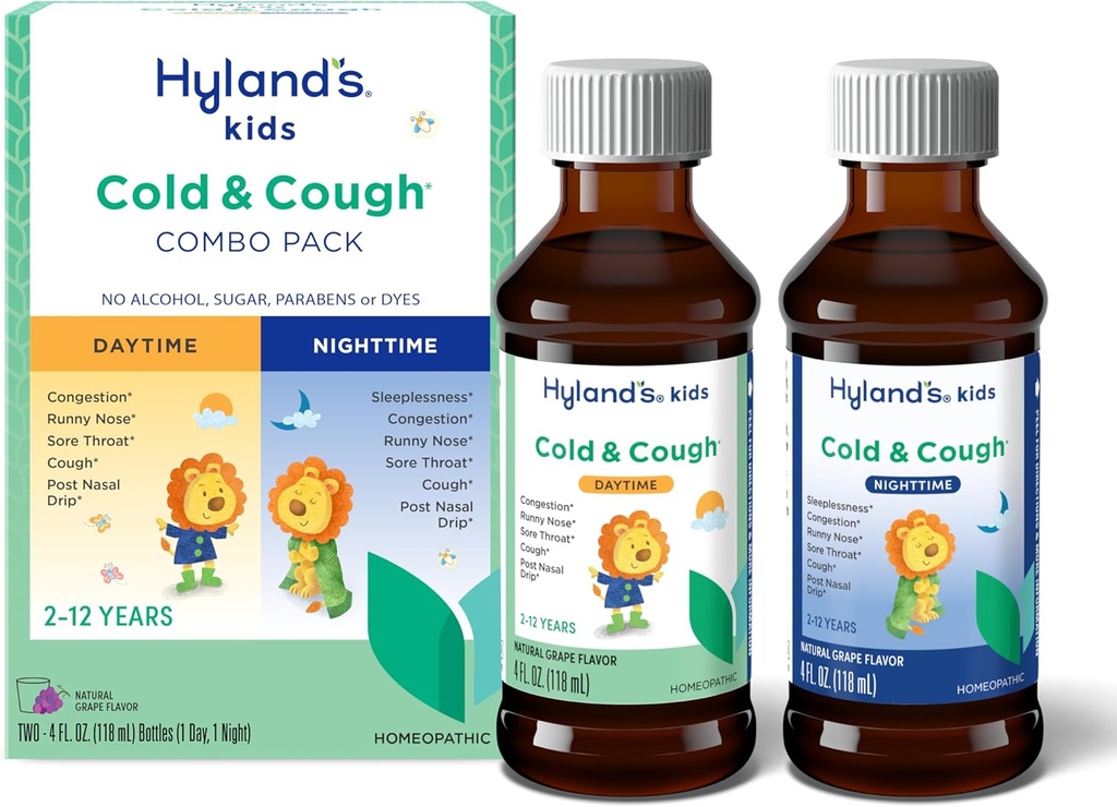 Hyland's Kids Cold and Cough, Day and Night Combo Pack, Cold Medicine for Ages 2 and up, Grape Flavor Sirup Cough Medicine for Kids, Nasal Demongestant, 4 Fl Oz (Paquet de 2)