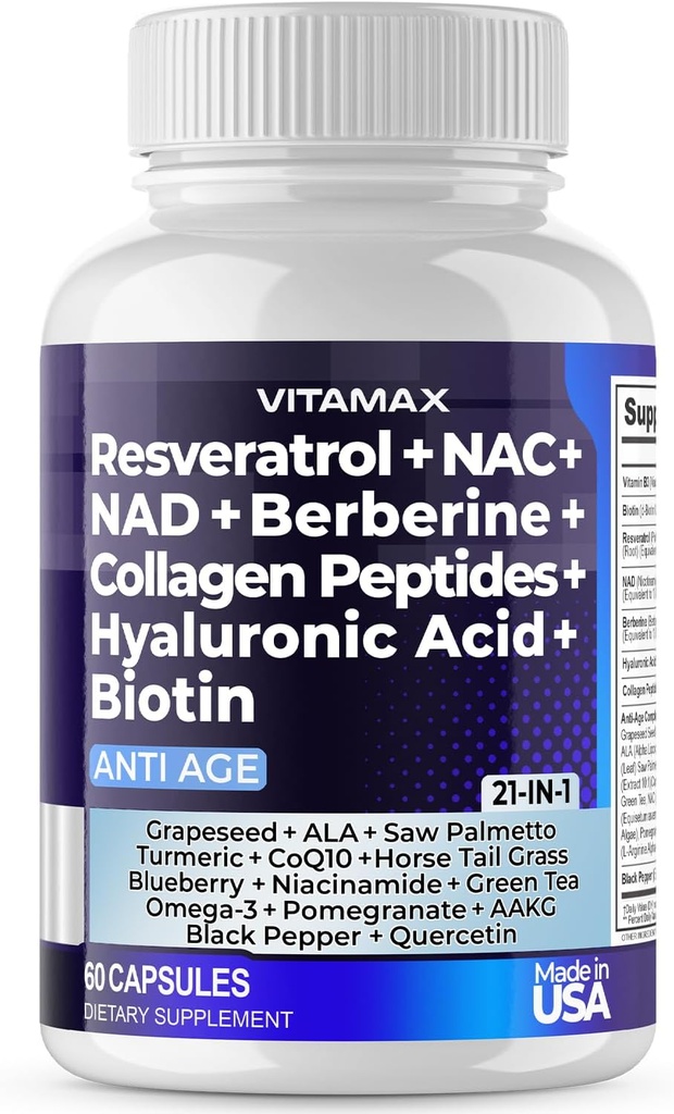 Resveratrol NAD+ Berberine Hyaluronic Acid - Biotin Grape & Blueberry + NAC - Collagen Peptides - Hair, Nail, Skin & Joint Supplement - 21-in-1 Women and Men - Made in USA (60 Count (Pack of 1)