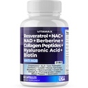 Resvératrol NAD+ Berberine Acide hyaluronique - Biotine Raisin et bleuet + NAC - Collagène Peptides - Cheveux, ongles, peau et complément articulaire - 21-en-1 Femmes et hommes - Fabriqués aux États-Unis (60 Nombre (paquet de 1)