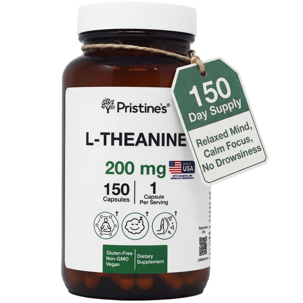 PRISTINE'S L Theanine 200mg capsules de supplément - 3ème partie testée non OGM - 150 jours d'approvisionnement - Relaxation et la qualité du sommeil capsules de soutien - végétalien, installation cGMP et bouteilles de verre sans gluten