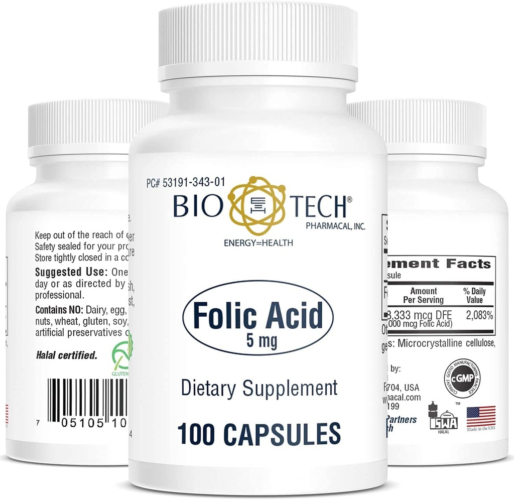 Acide folique pharmaceutique biotechnologique (5mg, 100 Nombre)