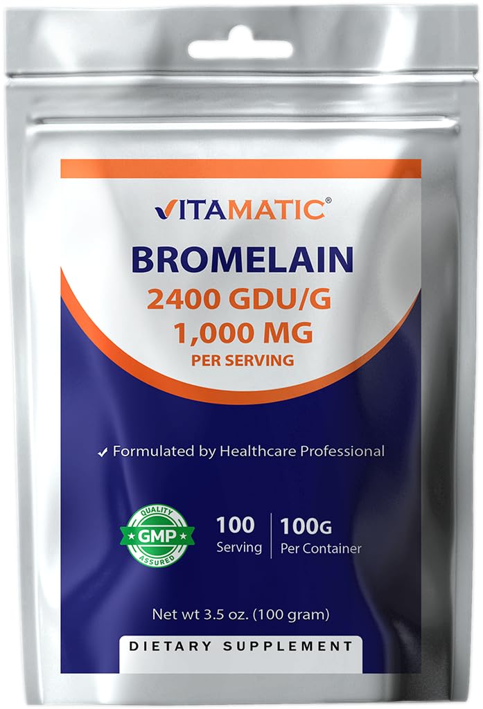 Poudre de bromelain vitamatique 1000mg par portion - 2400 GDU/g, enzymes protéolytiques, soutient la digestion des protéines, 100 Grams - 100 portions (Scoop inclus)