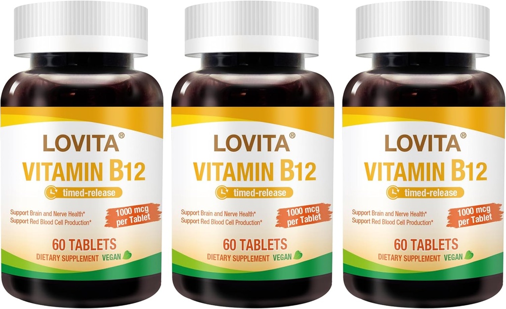 Lovita Vitamine B12 1000 mcg (B12 Vitamines sous forme de cyanocobalamine), sortie à temps B12, végan-friendly, soutient le système nerveux, 60 comprimés végétariens (2 mois d'approvisionnement) (paquet de 3)
