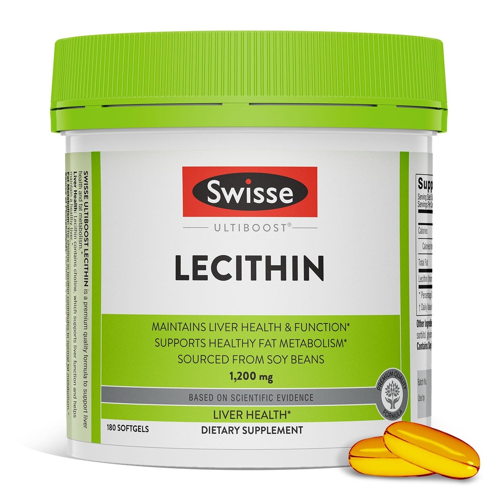 Swisse Soy Lecithine 1200mg Softgels Capsules , maintient la santé et la fonction du foie * , soutient le métabolisme des graisses * , supplément Choline Lecithine 1200 mg 180 Softgels