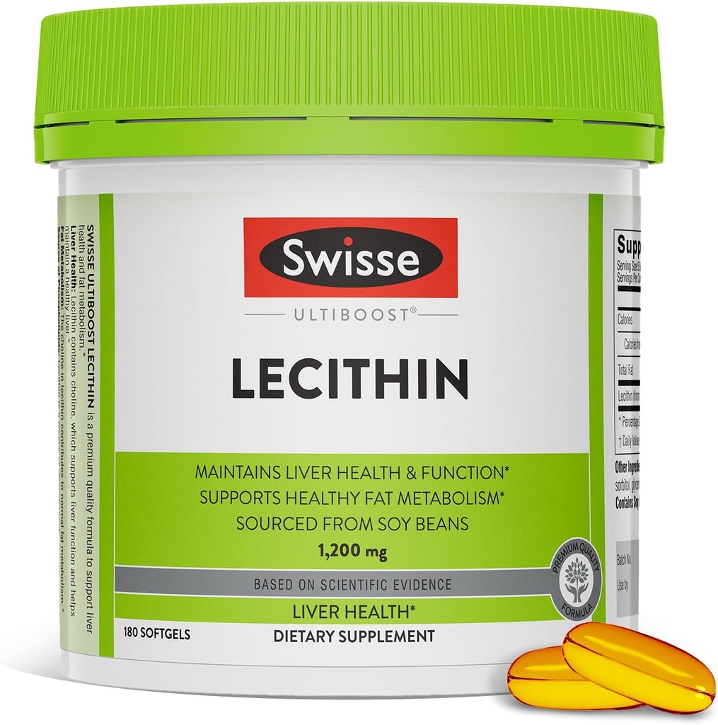 Swisse Soy Lecithine 1200mg Softgels Capsules , maintient la santé et la fonction du foie * , soutient le métabolisme des graisses * , supplément Choline Lecithine 1200 mg 180 Softgels