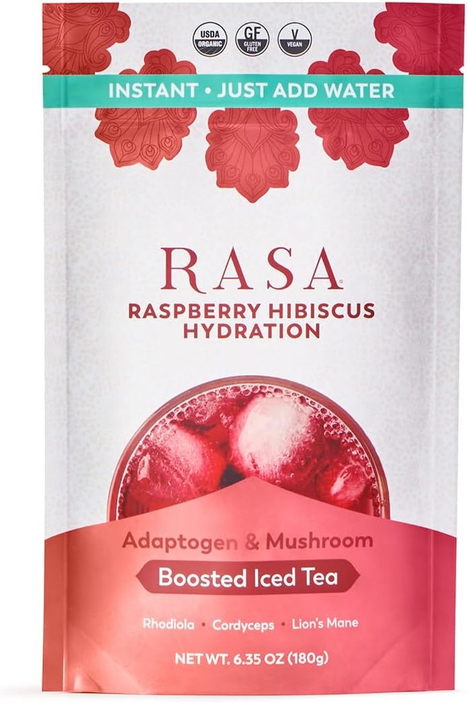 Rasa Framboise Hydratation Hibiscus : Thé glacé biologique boosté avec des Adaptogènes et des Champignons.