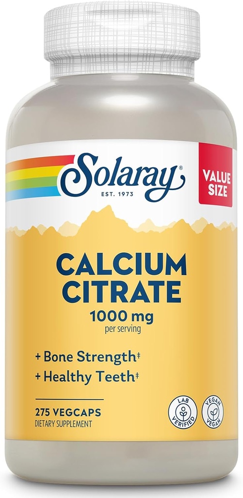 Solaray Citrate de calcium 1000mg - Supplément calcium chélaté - soutient la force osseuse et les dents saines - Facile à digérer - Garantie de 60 jours, Vegan - 68 portions, 275 VegCaps
