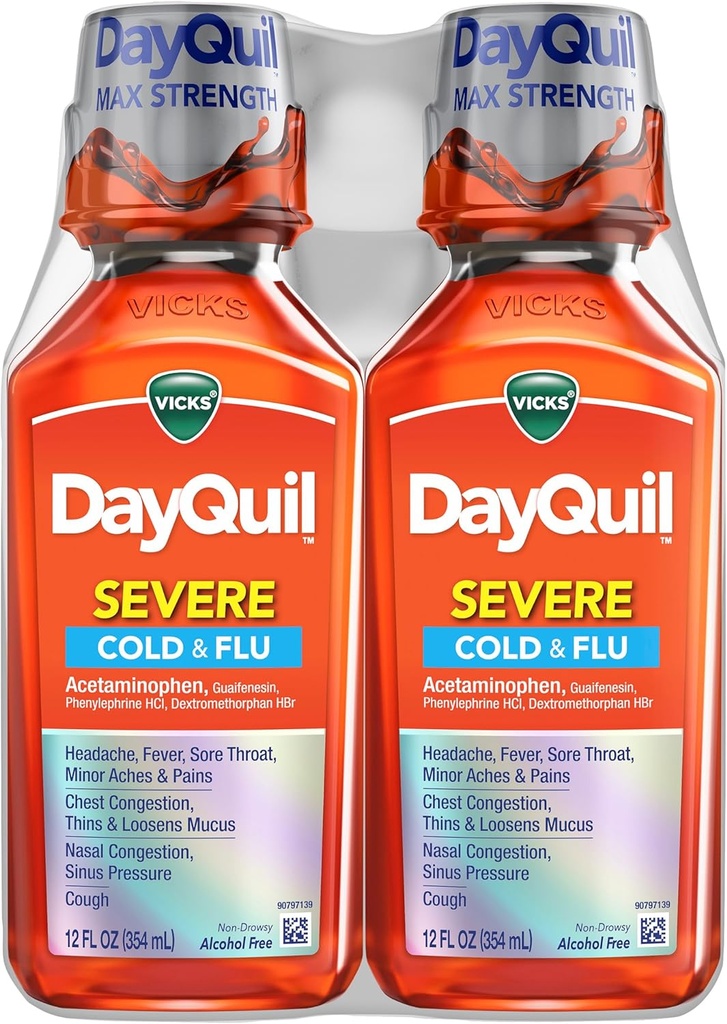 Vicks DayQuil Médecine liquide sévère contre le rhume et la grippe, soulagement diurne pour les maux de tête, la fièvre, la gorge douloureuse, les douleurs et les douleurs mineures, la congestion thoracique, le nez étouffant, la congestion nasale, la pression sinusale et la toux, 2x12oz