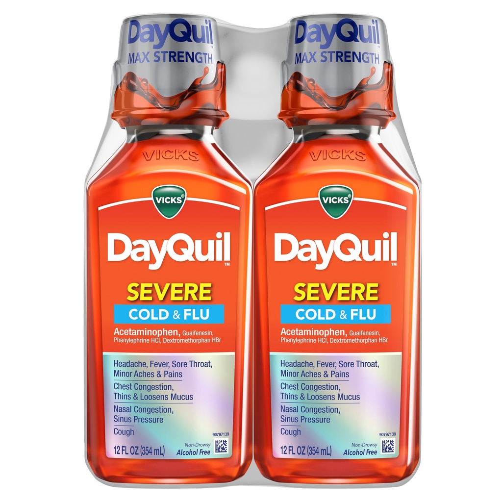 Vicks DayQuil Médecine liquide sévère contre le rhume et la grippe, soulagement diurne pour les maux de tête, la fièvre, la gorge douloureuse, les douleurs et les douleurs mineures, la congestion thoracique, le nez étouffant, la congestion nasale, la pression sinusale et la toux, 2x12oz