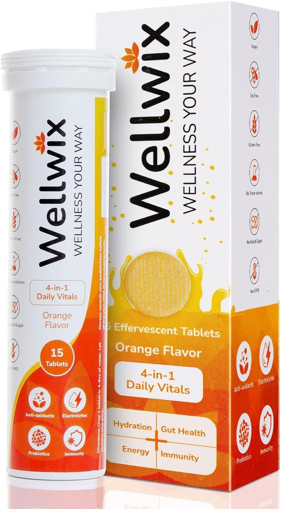 4-en-1 Vitals quotidiens pour le bien-être - Electrolytes, Immunité, Antioxydants et Probiotiques. Vitamine C 1000 mg, sodium 200 mg, potassium 100 mg, vitamine D3, B12 et plus. Comprimés effervescents