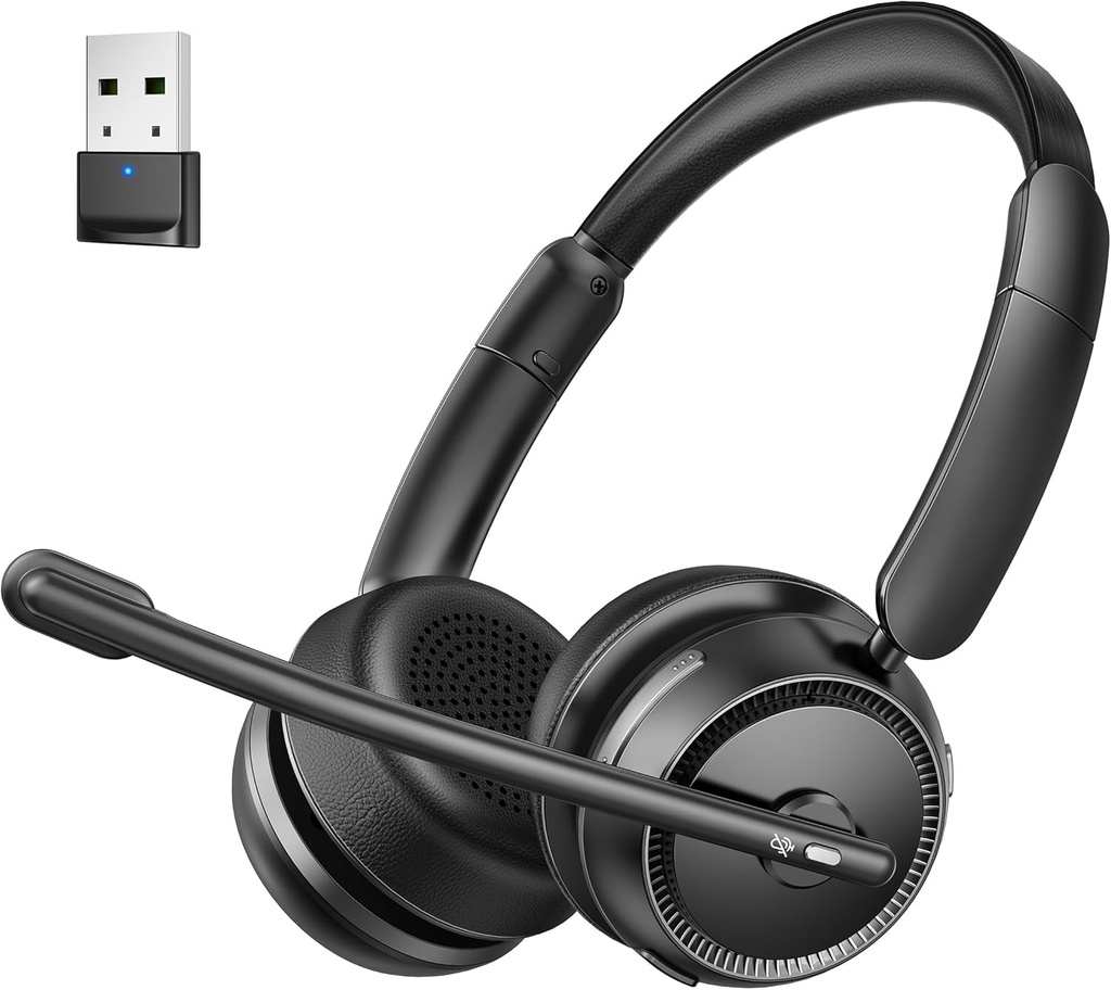 Casque Bluetooth avec microphone anti bruit AI, casque Bluetooth HiFi stéréo, casque sans fil avec dongle USB pour centre d'appel de bureau Skype Zoom Meeting Trucker