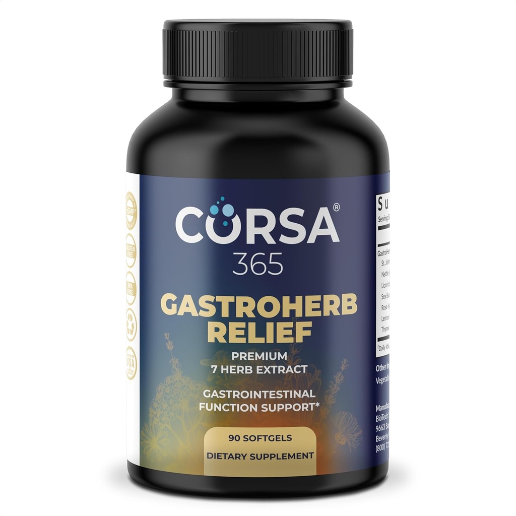 Gastroherbe Relief 7 Herbes Extrait - Supplément de soutien immunitaire Gut digestif santé - Supplément d'immunité pour les hommes et les femmes - Natural St Johns Wort, racine de réglisse, Rose Huiles de hanche - 90 Softgels