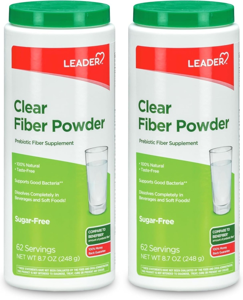 Leader Prebiotic Fiber Supplement Powder for Digestive Health, 100% Natural Daily Fiber Powder, Sugar-Free, Taste-Free, Gluten Free, Non-GMO, Unflavored (Pack of 2)