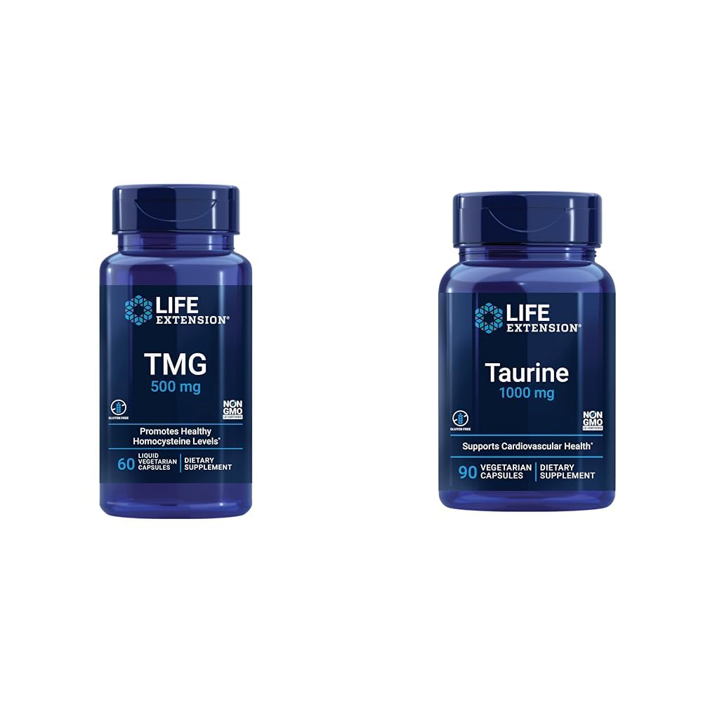 Prolongation de la durée de vie TMG 500 mg et Taurine 1000 mg Supplement Bundle - 60 capsules végétariennes liquides et 90 capsules végétariennes