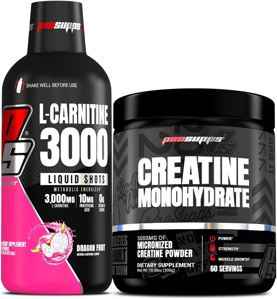 PROSUPPS L-Carnitine 3000 Stimulant Free Liquid Shots (31 Servings, Dragon Fruit) and Creatine 300 Monohydrate (60 Servings) Bundle