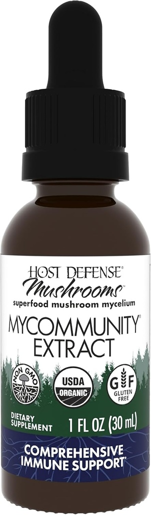 Host Defense MyCommunity Extract - 17 espèces Mélanger le supplément de champignons pour le soutien immunitaire - Extrait avec la Manille du Lion, Reishi, Chaga, Cordyceps, Turkey Tail & More - 1 fl oz (30 portions)*