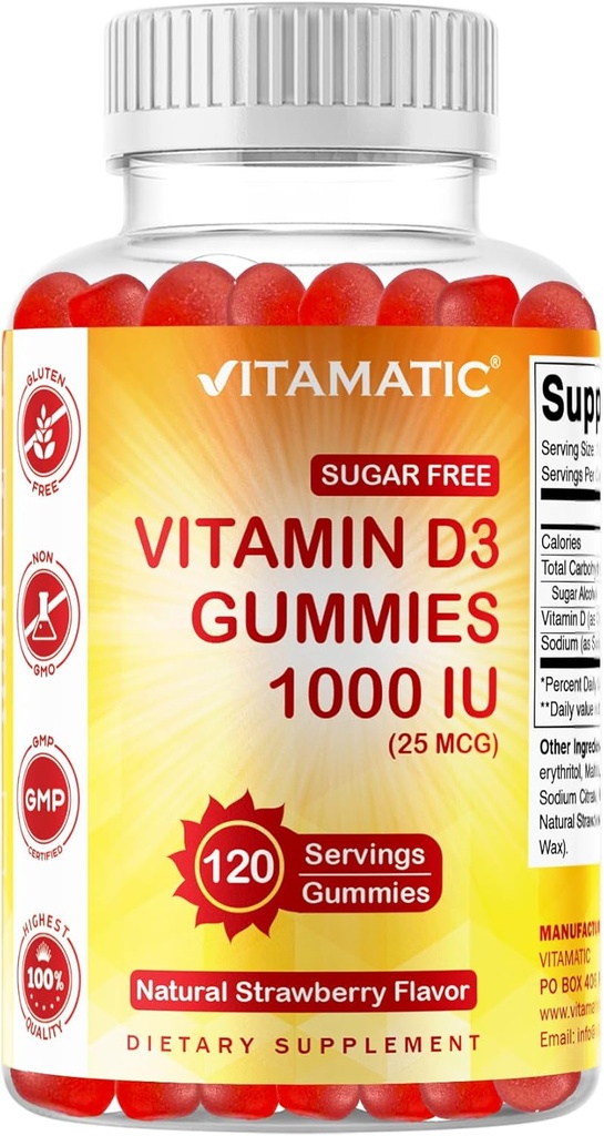Vitamine sans sucre Vitamine D3-120 Gommies à base de pectines - Grand goût - Bons santé, humeur et fonction du système immunitaire - Non-OGM - 120 portions (1000 UI)