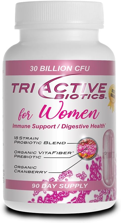Source essentielle de biotique triactive pour les femmes - Probiotiques pour les femmes avec 18 souches, bio VitaFiber prébiotique et canneberge au soutien digestif, défense immunitaire, urinaire, santé vaginale - 90 capsules