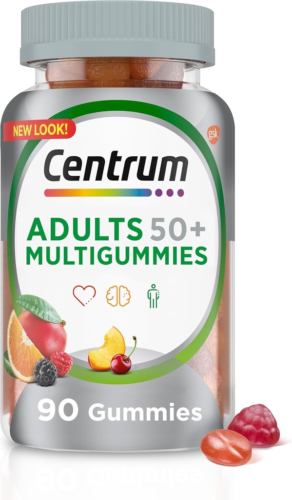 Centrum MultiGummies Multivitamine Gummy pour Adultes 50 Plus, Supplément multivitamine/multiminéral avec Calcium, Zinc et Vitamines B et D, Arôme de fruits assortis - 90 Compte