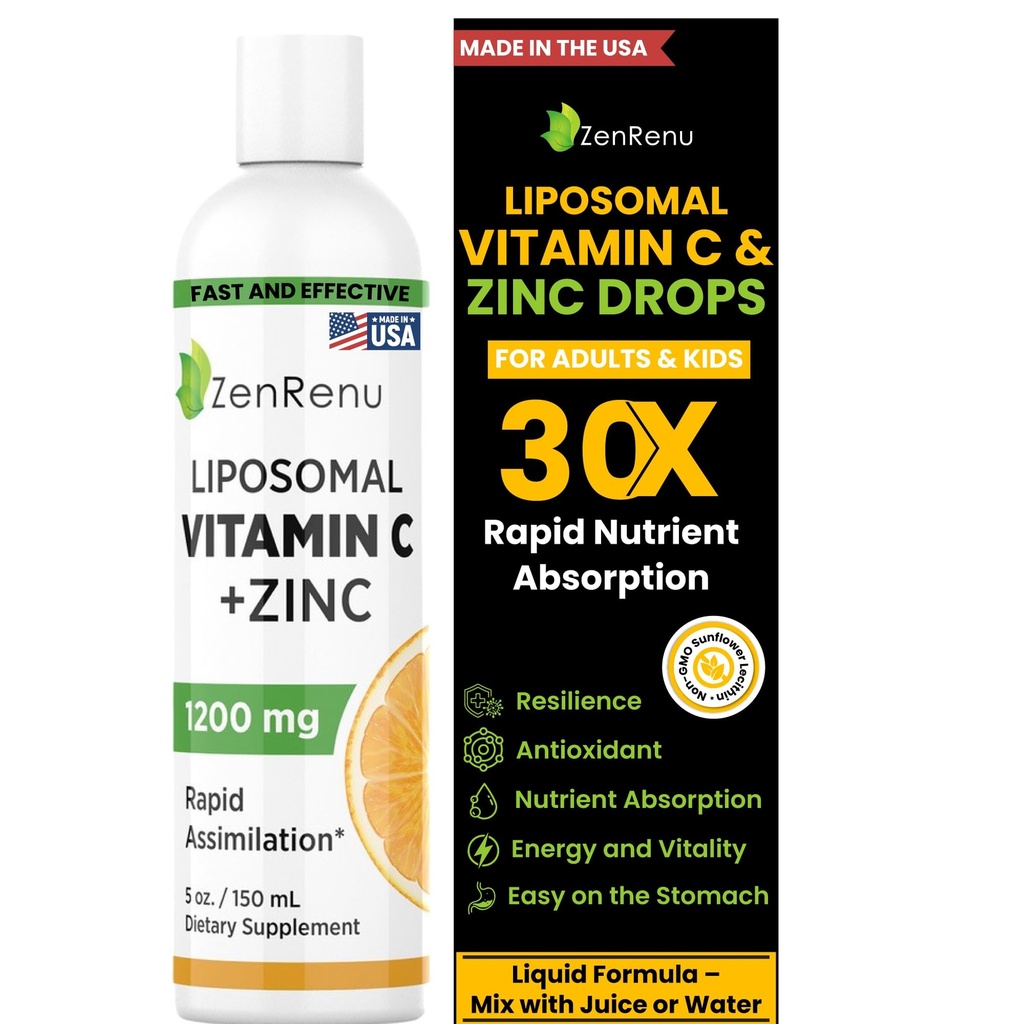 Zenrenu Liposomique Vitamine C et Zinc boisson liquide pour les adultes et les enfants - Lécithine de tournesol non OGM - Max Antioxydant & Immmune Support, 5 oz / 150 ml
