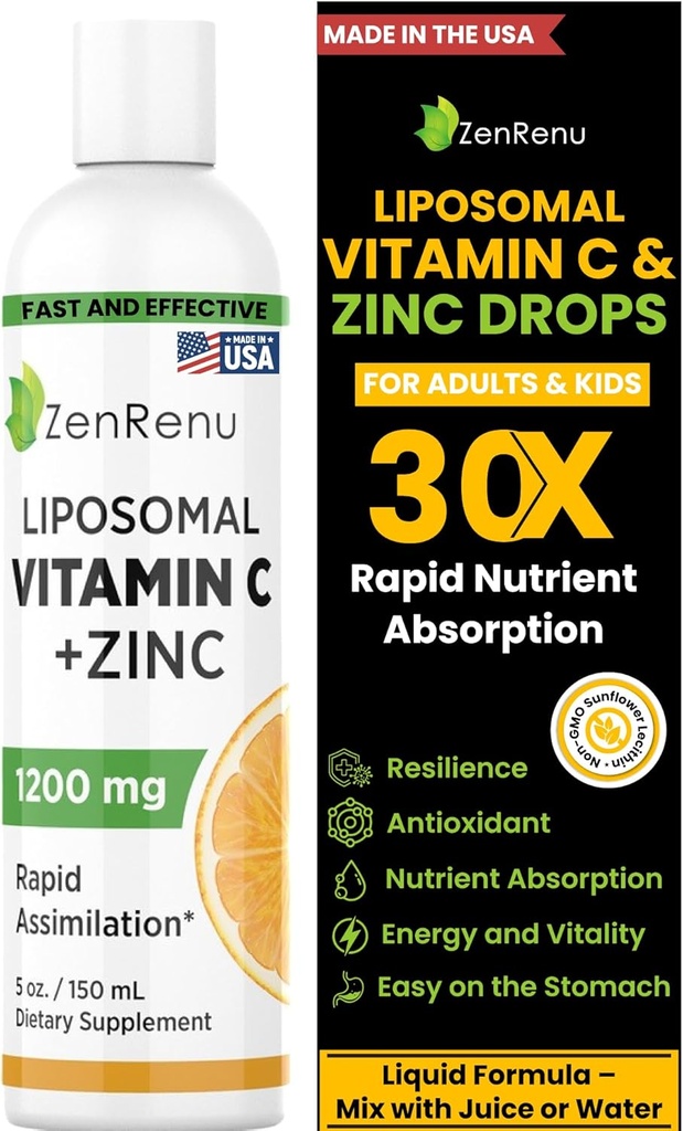Zenrenu Liposomique Vitamine C et Zinc boisson liquide pour les adultes et les enfants - Lécithine de tournesol non OGM - Max Antioxydant & Immmune Support, 5 oz / 150 ml