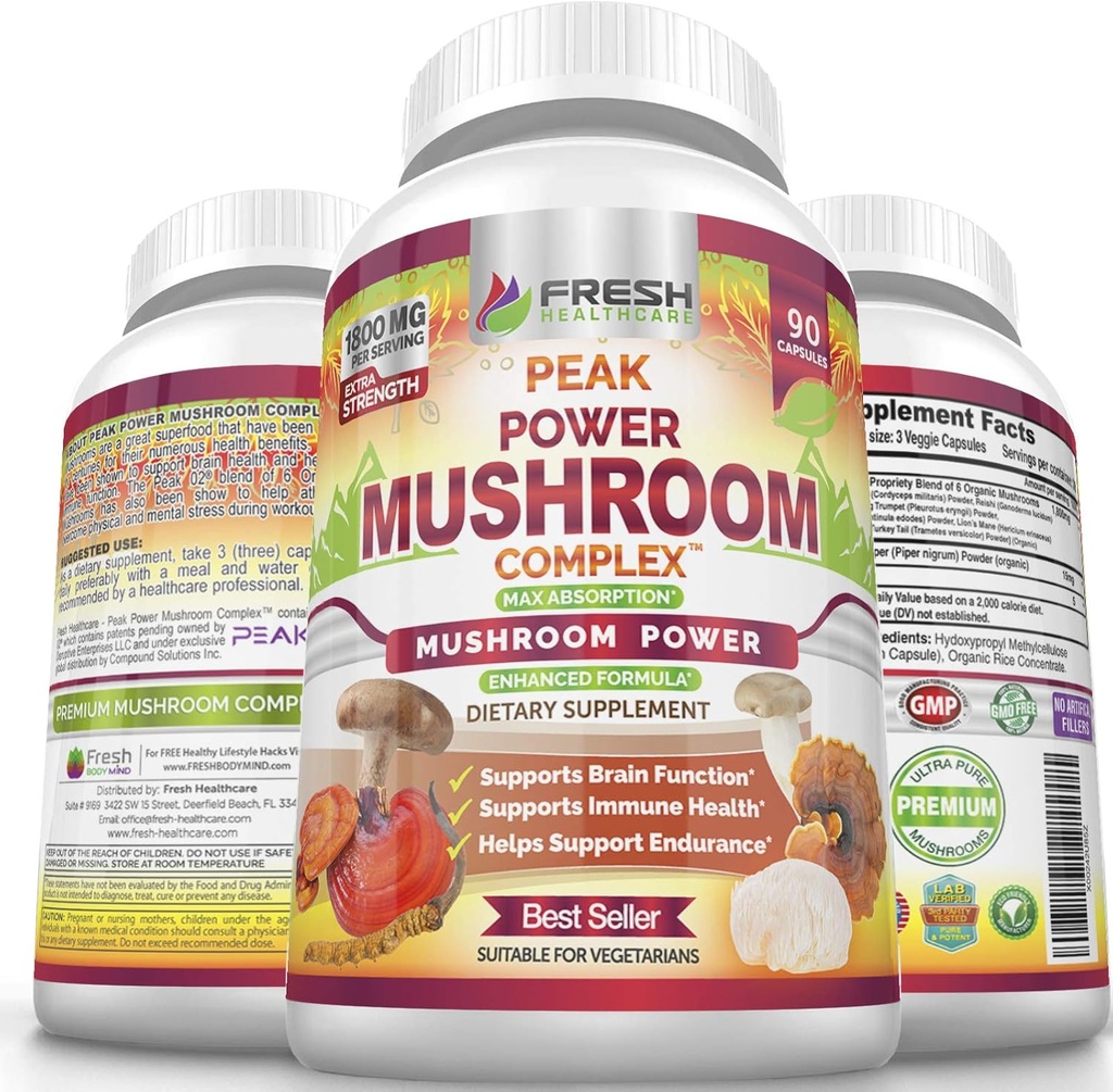 Supplément pour champignons - Lions Mane, Cordyceps, Reishi, Turkey Tail et Shitake - Immune et soutien du cerveau - Supplément pour champignons Peak Power - 90 Capsules Vegan