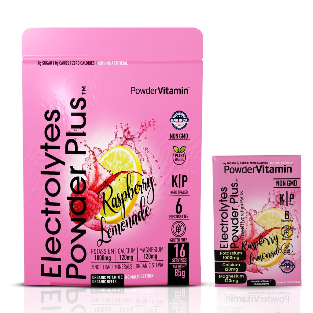 PoudreVitamine Electrolytes Poudre Plus, Keto, Lémonade aux framboises, Sans sucre, Sel rose d'Himalaya, 1000mg Potassium, 120mg Calcium, 120mg Magnésium, Non-OGM, Calories Zéro, (16 packets d'hydratation)