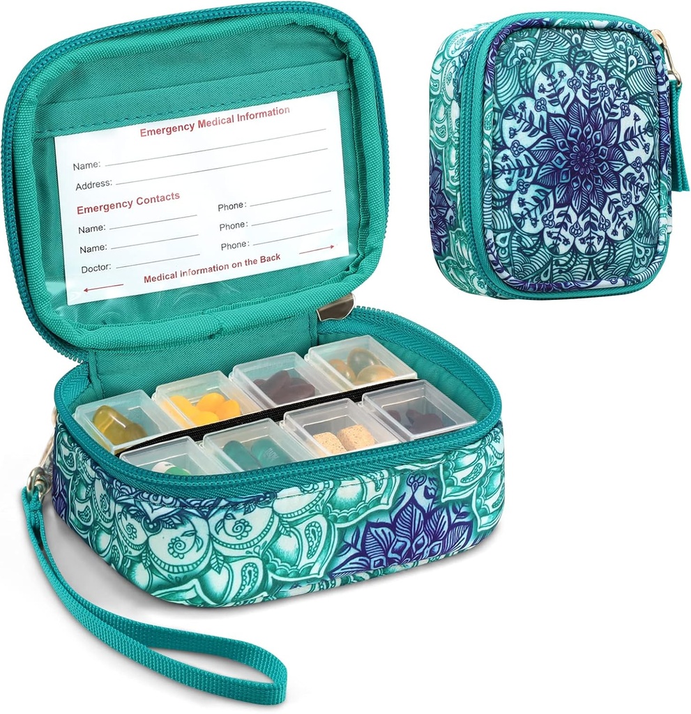 Organisateurs de pilules FINPAC, 8 compartiments Cas de pilules de voyage pour les soins médicaux hebdomadaires de 7 jours, distributeur et supports de vitamines compacts et mignons