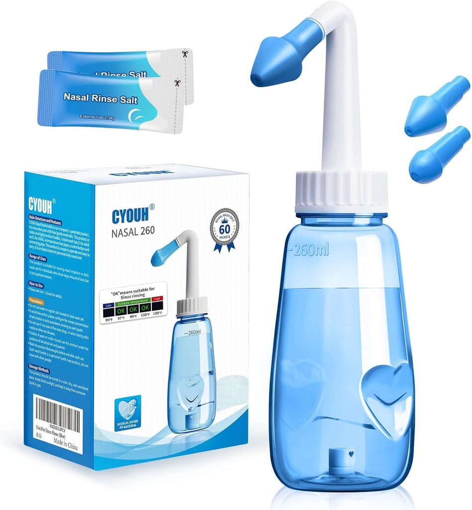 Neti Pot Sinus Rinse Bouteille 260 ML avec 60 sachets de sel de lavage nasal et thermomètre Sticker Nez Nettoyeur Pression Rinse Irrigation nasale pour adulte et enfant sans BPA (bleu)