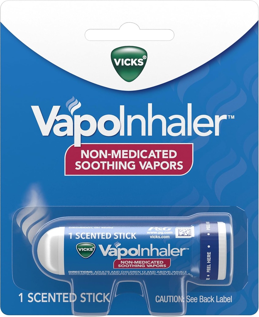 Vicks VapoInhaler, Inhalateur nasal portable, Vapors apaisants non médicamentés, parfum de menthol, 1 comte