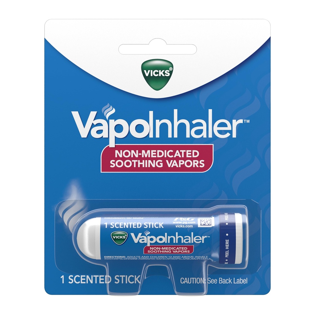 Vicks VapoInhaler, Inhalateur nasal portable, Vapors apaisants non médicamentés, parfum de menthol, 1 comte