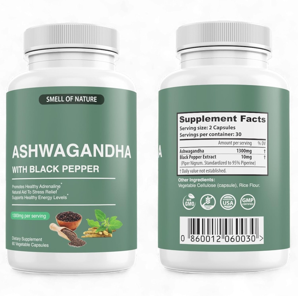 NatureS Smell suppléments bio Ashwagandha avec extrait de poivre noir - 1300mg Extrait pur Ashwagandha - Support énergétique - Non-OGM, sans gluten, végétalien - 60 capsules
