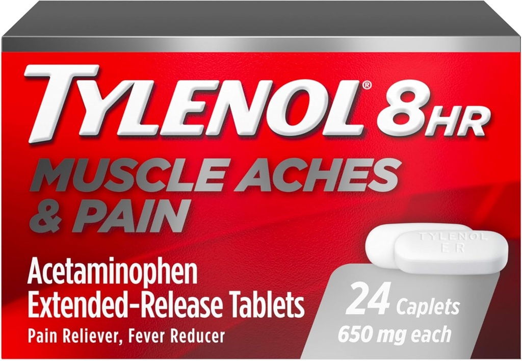 Tylenol 8 heures Douleurs musculaires et soulagement de la douleur Comprimés à libération prolongée avec 650 mg d'acétaminophène, Réducteur de fièvre et traitement de la douleur pour les muscles, les articulations, le corps et le soulagement de la douleur, 24 Compte