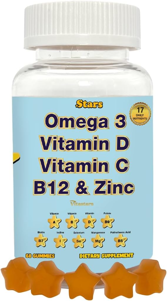 Gommies multivitamines adultes avec Omega 3 - Vitamines quotidiennes A, B, C, D & Biotine - Multivitamines sans gluten, à base végétale pour les hommes et les femmes avec le sélénium, 60 Gommies
