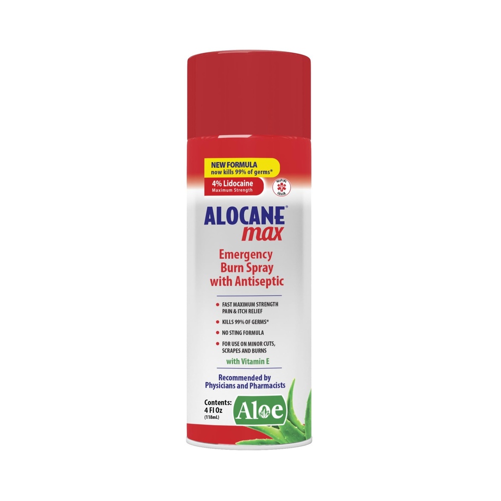 ALOCANE Emergency Burn Spray, 4% Lidocaïne Max Strength Soulagement de la douleur rapide pour les brûlures mineures, les brûlures de soleil, les premiers soins de cuisine Soins de la brûlure, 4 Fl Oz