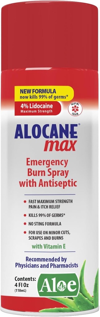 ALOCANE Emergency Burn Spray, 4% Lidocaïne Max Strength Soulagement de la douleur rapide pour les brûlures mineures, les brûlures de soleil, les premiers soins de cuisine Soins de la brûlure, 4 Fl Oz