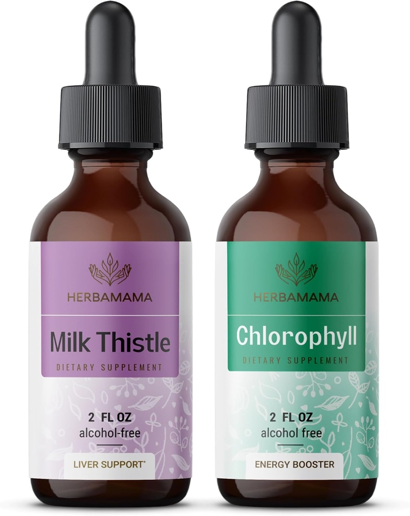 HERBAMAMA Kit de gouttes liquides à base de plantes - Mélange de chardon de lait Extrait 2 fl oz et de chlorophylle liquide 2 fl oz - Supplément végétal Extrait liquide - Non OGM, sans sucre et sans alcool - 2 emballages