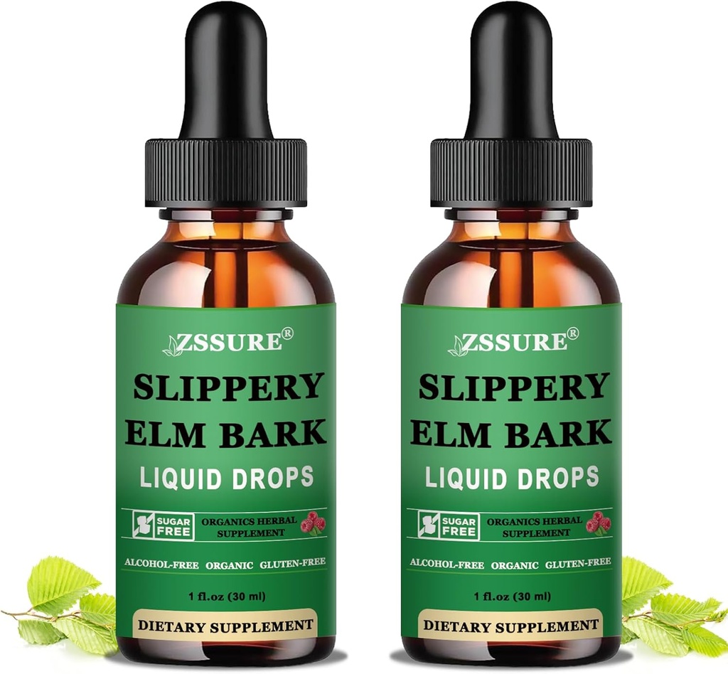 (2 pack) Slippery Elm gouttes liquides écorce, pur extrait de slippery biologique orme 1000mg pour la santé de la gorgée digestive, supplément de teinture liquide orme, végétalien, sans alcool, non-OGM, sans gluten