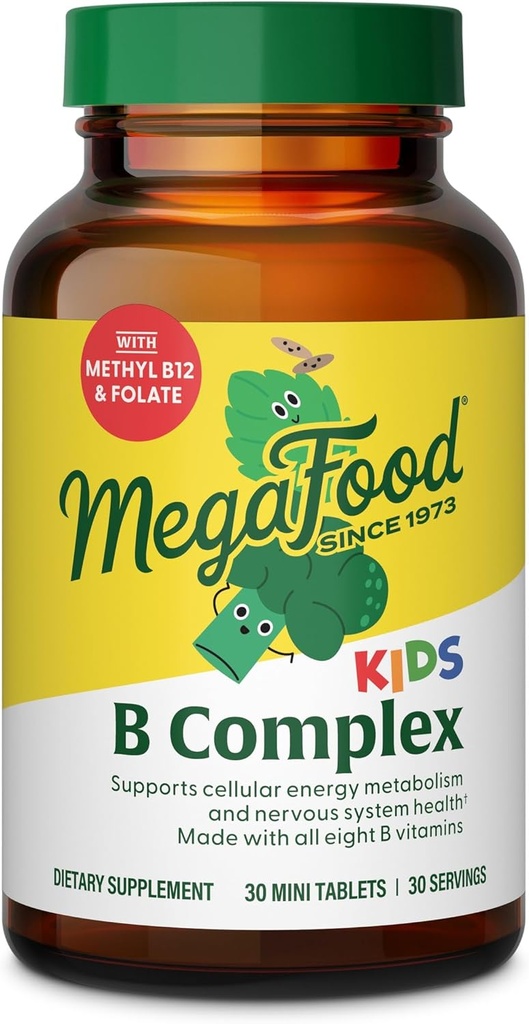 Complexe MegaFood Kids B - Supplément complexe de vitamine B, 8 B Vitamines - Vitamine B6, Vitamine B12, Folate, Biotine et plus, soutient la production d'énergie cellulaire, végétarienne, sans gluten – 30 mini comprimés