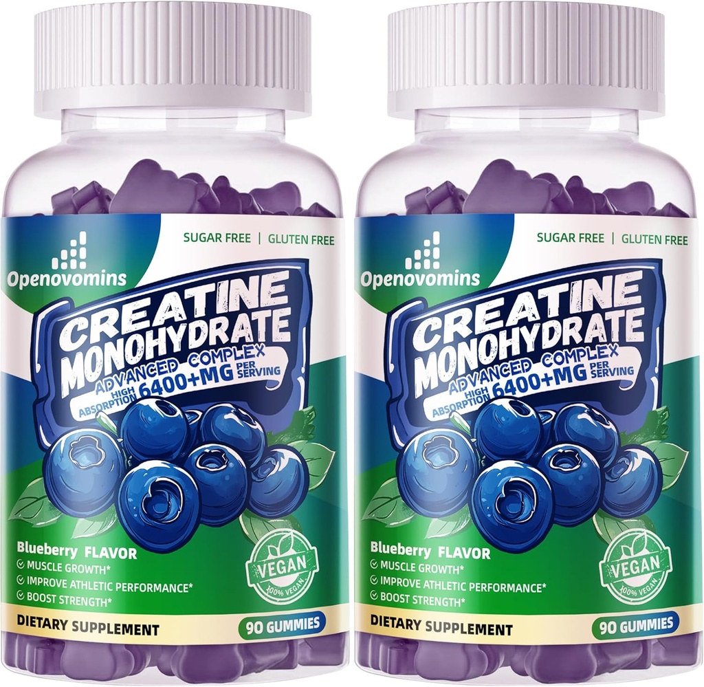Complexe monohydraté de créatine pour les hommes et les femmes - formule avancée W/L-Taurine + vitamine B12, supplément sans sucre à croquer,180 Gommies de bleuets 2pack