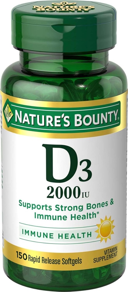 Nature's Bounty Vitamine D, soutient la santé immunitaire et la santé osseuse, 2000IU Vitamine D3, 150 Softgels